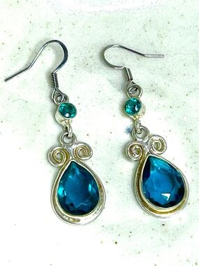 Vintage-Style Teal Blue Tourmaline Crystal Drop Earrings